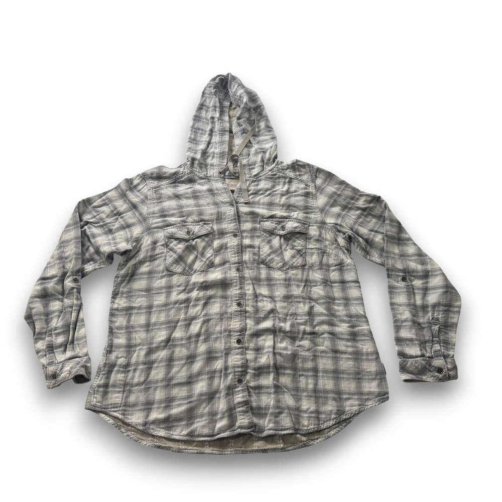 Columbia Womens XL Hooded Plaid Flannel Shirt Grey White Cotton AL1502 1618631